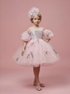 Robe Princesse Rose Pailletée avec Manches Bouffantes – Style Féérique