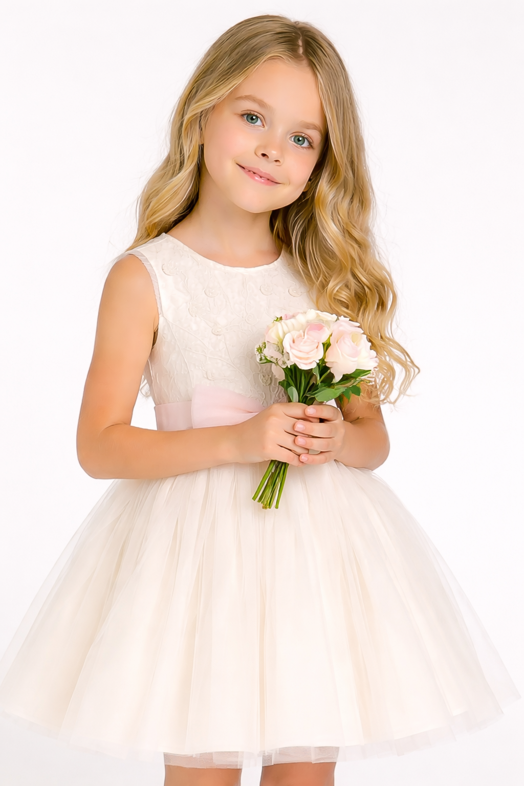 Robe Tulle Ivoire avec Nœud Rose – Élégance Classique